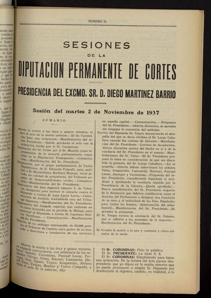 Miniatura de Boletín de Sesiones de la Diputación Permanente de Cortes del 2 de noviembre de 1937