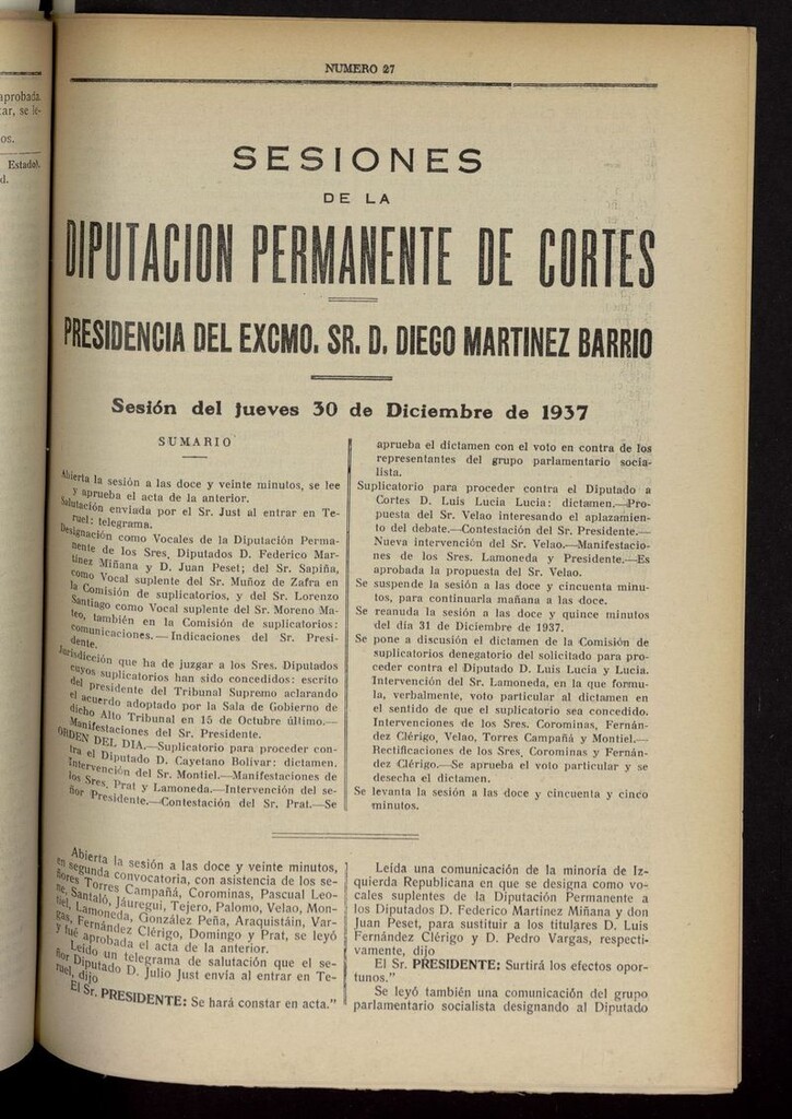 Miniatura de Boletín de Sesiones de la Diputación Permanente de Cortes del 30 de diciembre de 1937