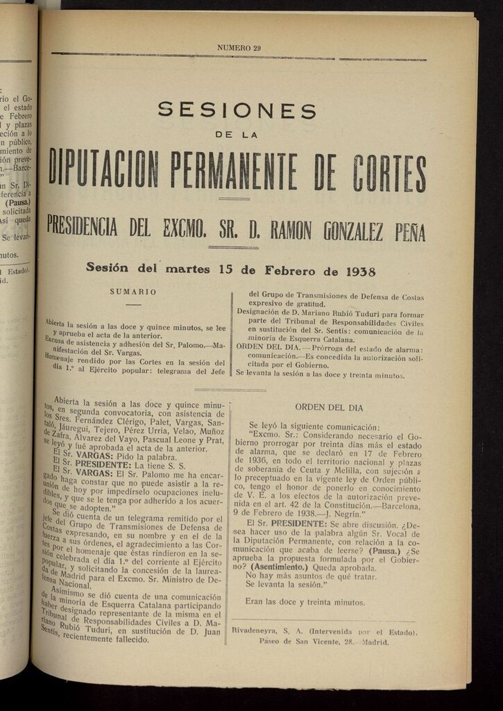 Miniatura de Boletín de Sesiones de la Diputación Permanente de Cortes del 15 de febrero de 1938
