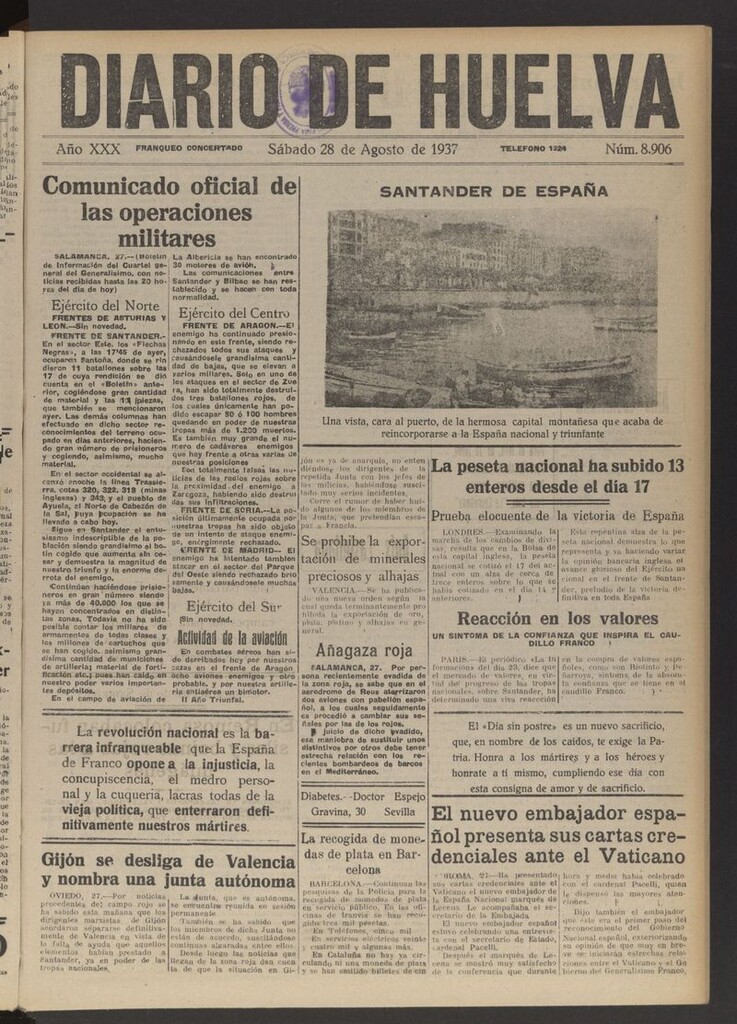 Miniatura de Diario de Huelva : periódico independiente del 28 de agosto de 1937