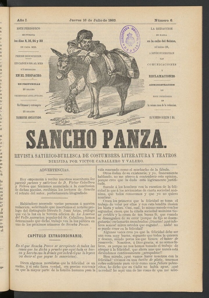 Miniatura de Sancho Panza (Cádiz) del 16 de julio de 1863