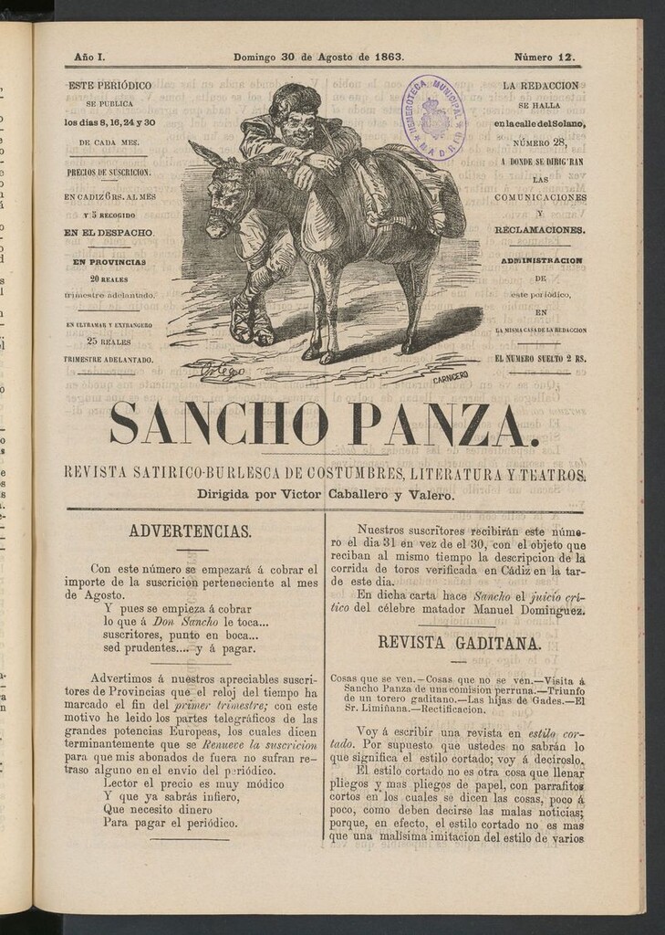 Miniatura de Sancho Panza (Cádiz) del 30 de agosto de 1863
