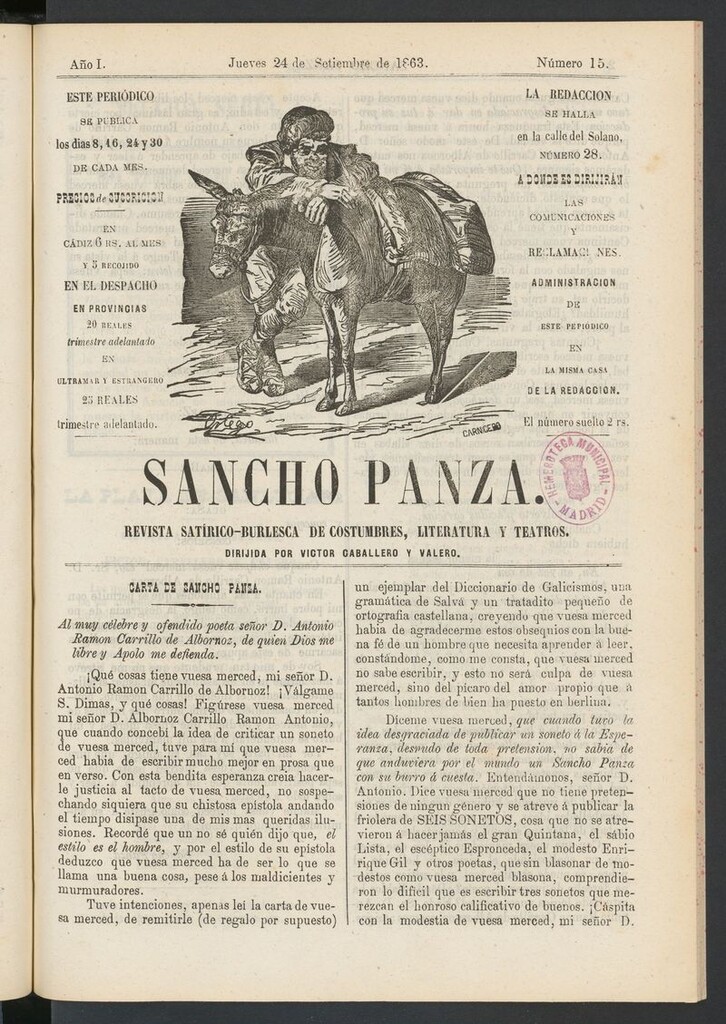Miniatura de Sancho Panza (Cádiz) del 24 de septiembre de 1863