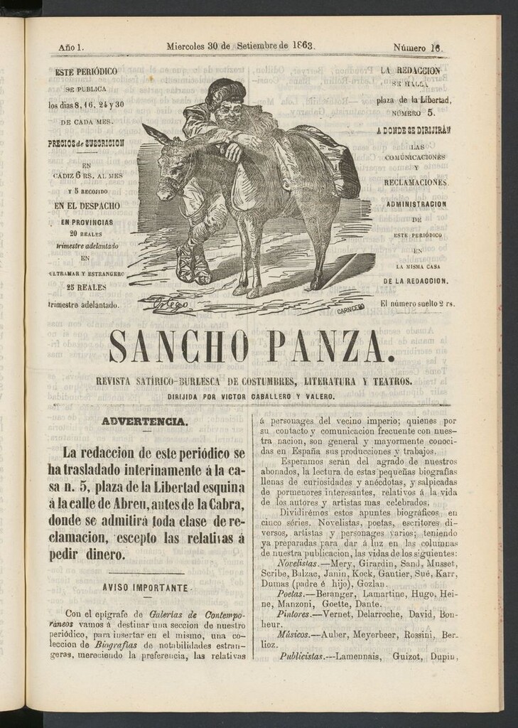 Miniatura de Sancho Panza (Cádiz) del 30 de septiembre de 1863
