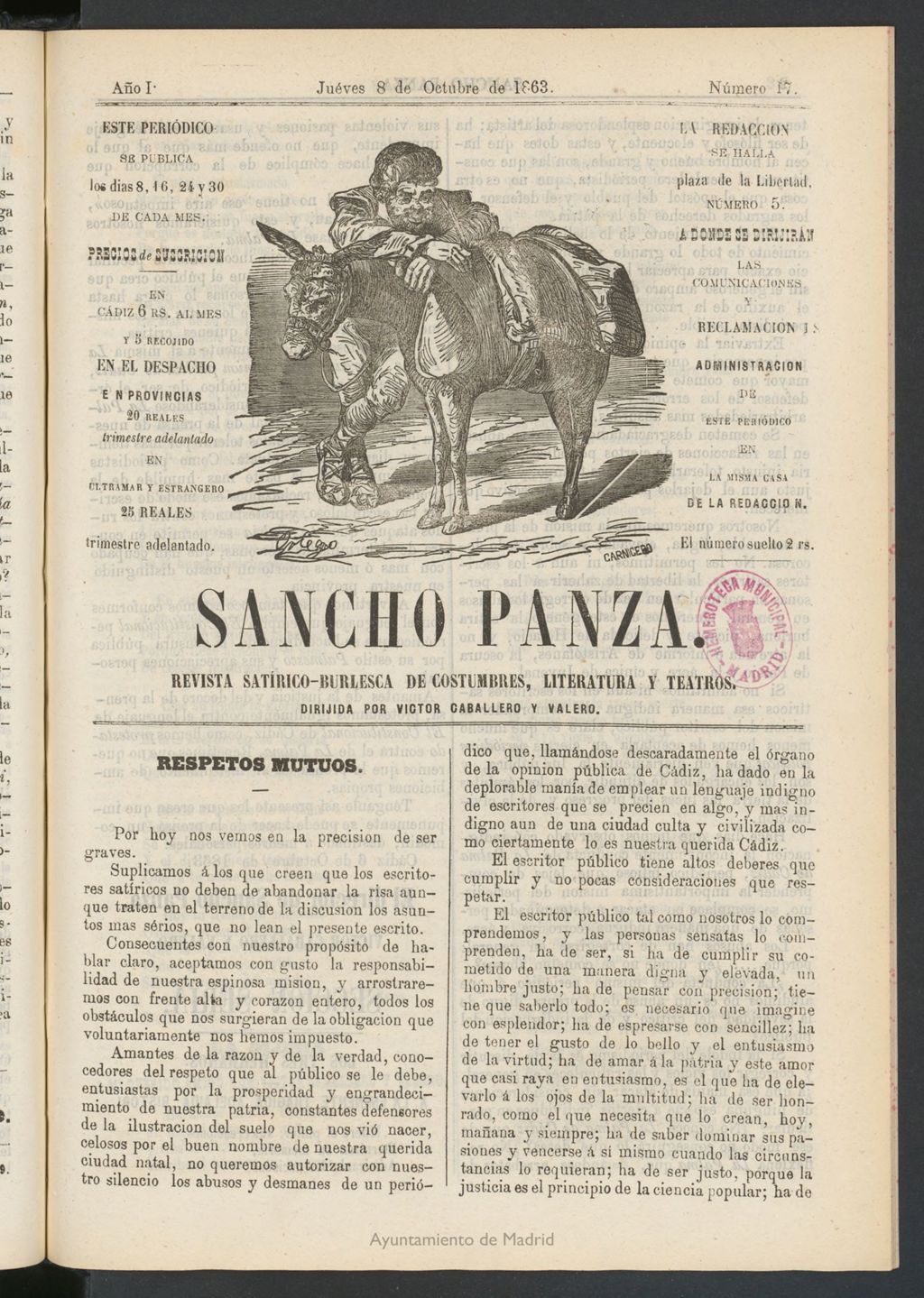 Miniatura de Sancho Panza (Cádiz) del 8 de octubre de 1863