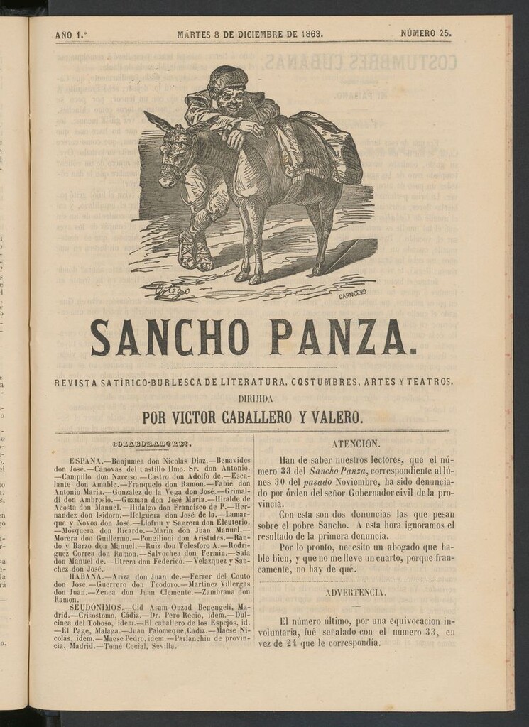 Miniatura de Sancho Panza (Cádiz) del 8 de diciembre de 1863