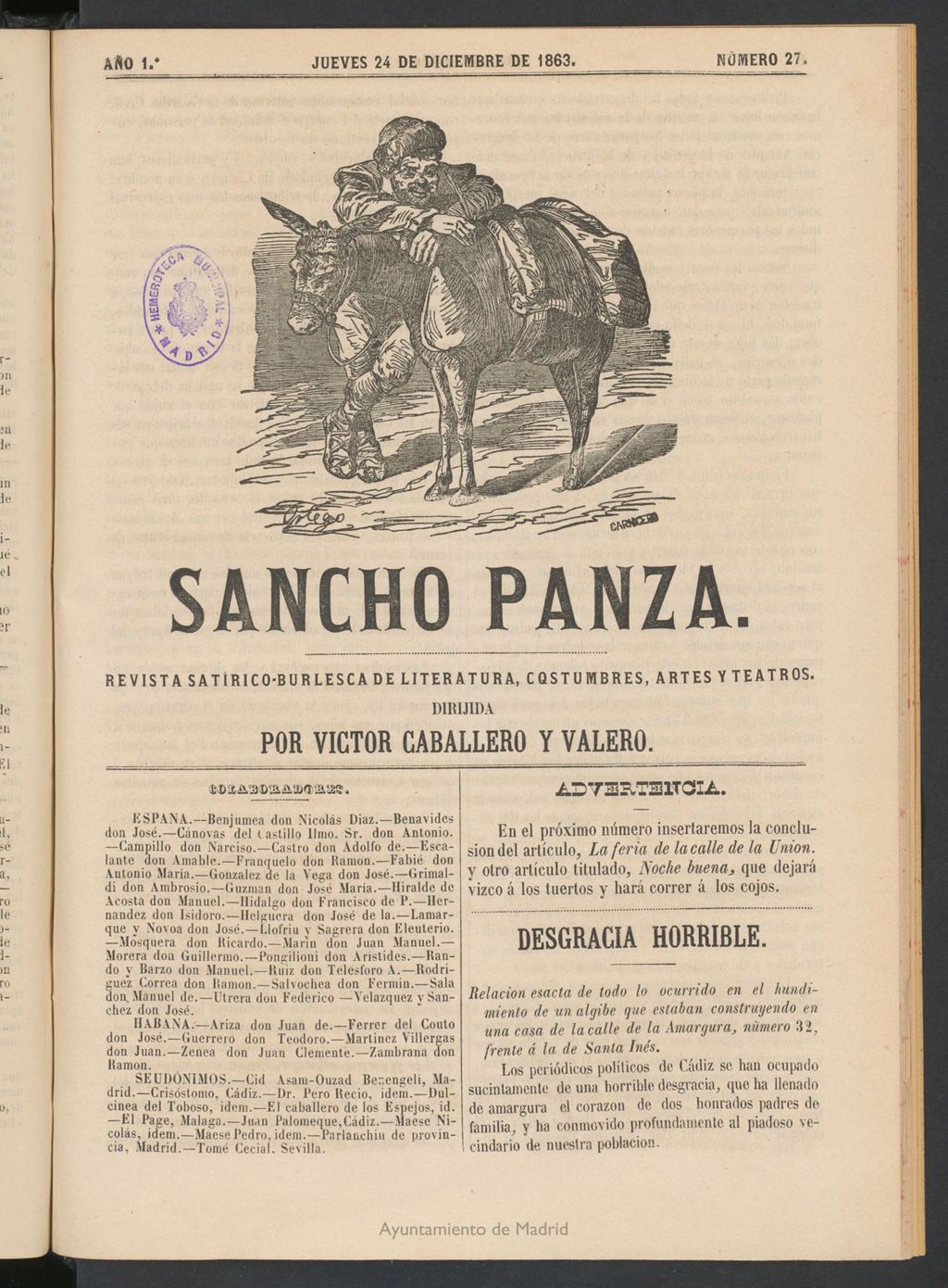 Miniatura de Sancho Panza (Cádiz) del 24 de diciembre de 1863
