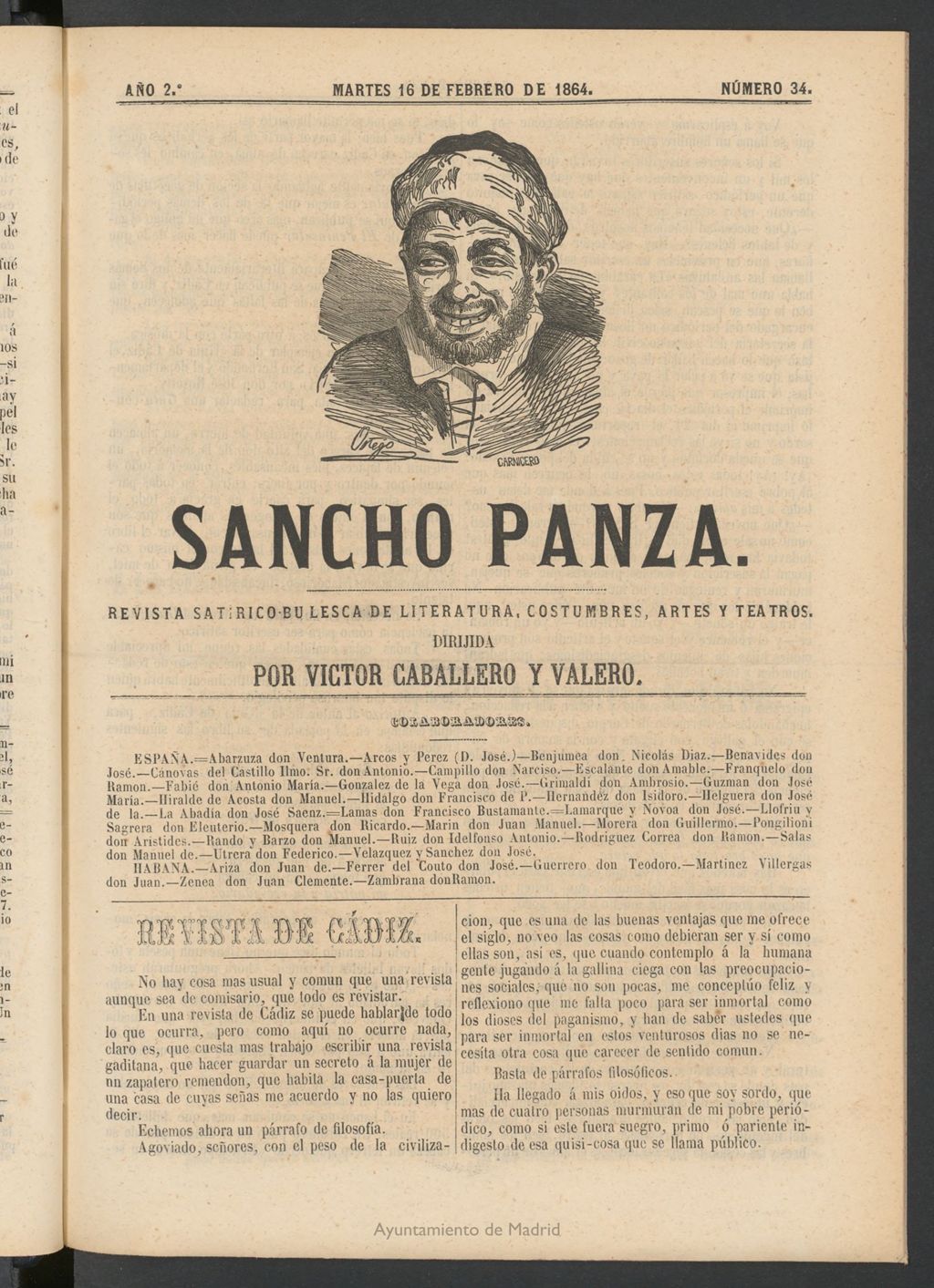 Miniatura de Sancho Panza (Cádiz) del 16 de febrero de 1864