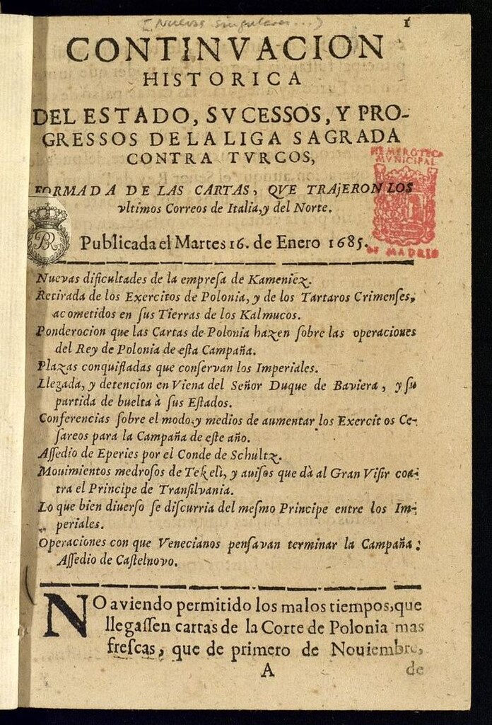Miniatura de Sucesos del siglo XVII del año de 1685