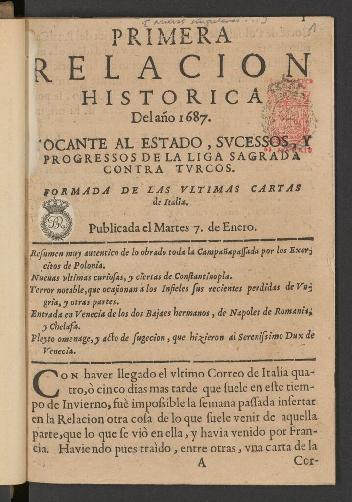 Miniatura de Sucesos del siglo XVII del año de 1687