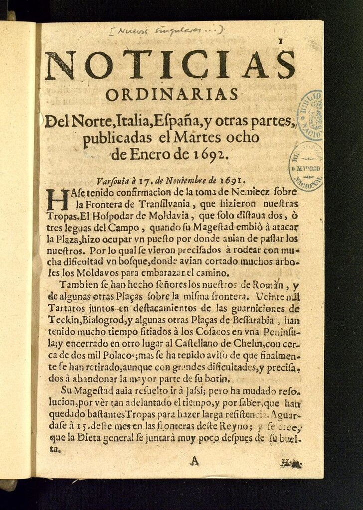 Miniatura de Sucesos del siglo XVII del año de 1692