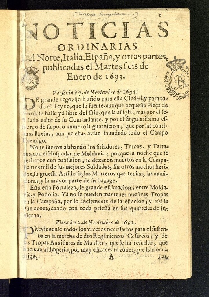 Miniatura de Sucesos del siglo XVII del año de 1693
