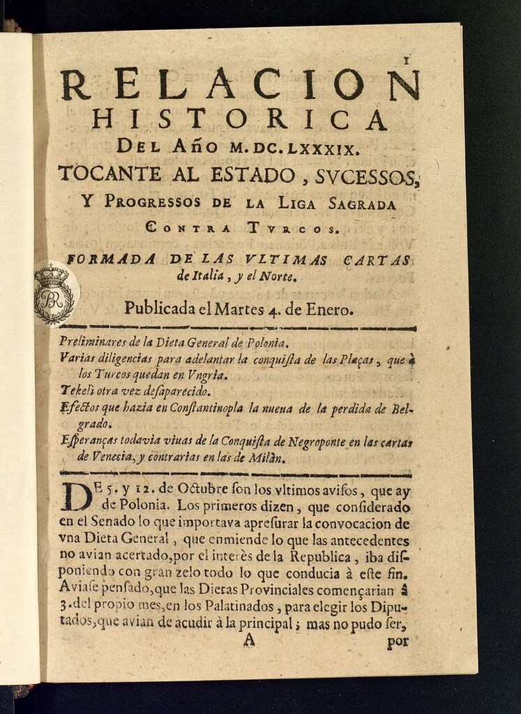 Miniatura de Sucesos del siglo XVII del año de 1689, volumen 7-1