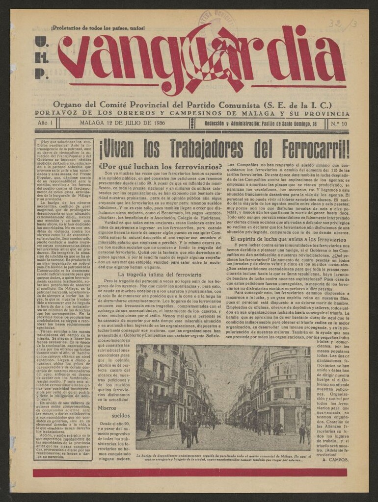 Miniatura de Vanguardia : órgano del Comité provincial del Partido Comunista (S.E. de la I.C.) : portavoz de los obreros y campesino de Málaga y su provincia del 12 de julio de 1936