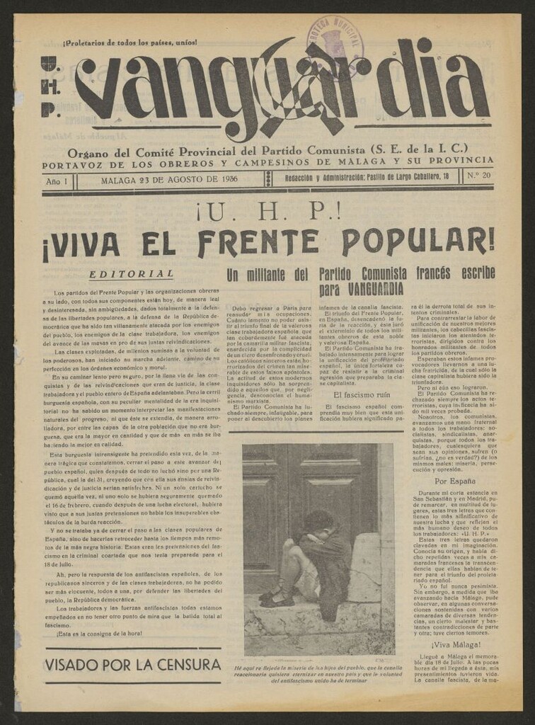 Miniatura de Vanguardia : órgano del Comité provincial del Partido Comunista (S.E. de la I.C.) : portavoz de los obreros y campesino de Málaga y su provincia del 23 de agosto de 1936