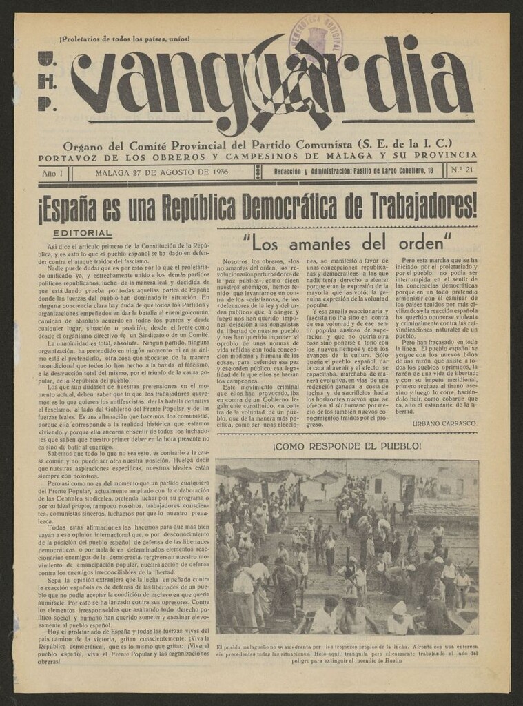 Miniatura de Vanguardia : órgano del Comité provincial del Partido Comunista (S.E. de la I.C.) : portavoz de los obreros y campesino de Málaga y su provincia del 27 de agosto de 1936