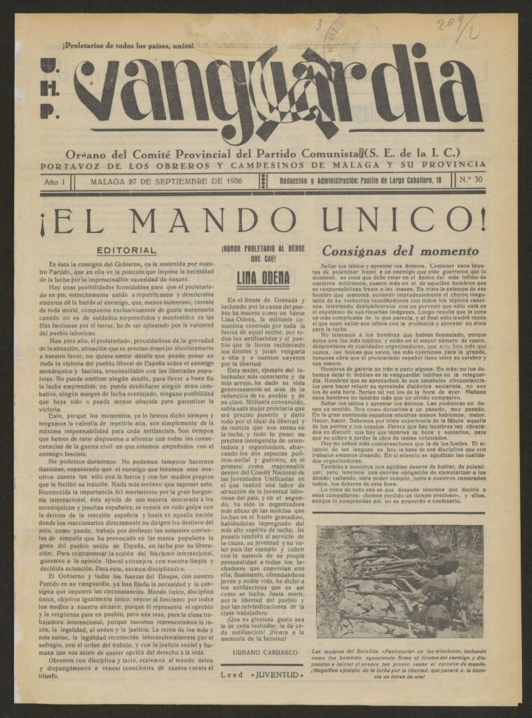 Miniatura de Vanguardia : órgano del Comité provincial del Partido Comunista (S.E. de la I.C.) : portavoz de los obreros y campesino de Málaga y su provincia del 27 de septiembre de 1936