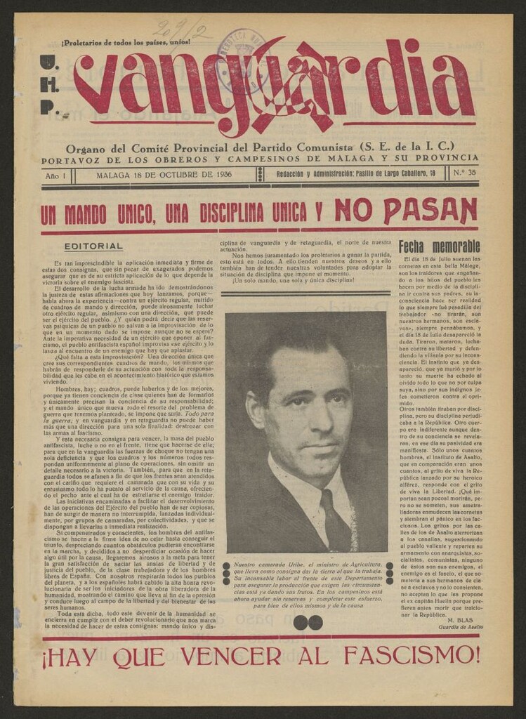 Miniatura de Vanguardia : órgano del Comité provincial del Partido Comunista (S.E. de la I.C.) : portavoz de los obreros y campesino de Málaga y su provincia del 18 de octubre de 1936