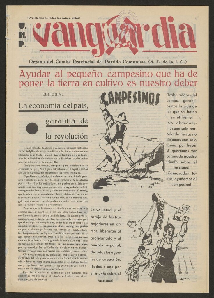 Miniatura de Vanguardia : órgano del Comité provincial del Partido Comunista (S.E. de la I.C.) : portavoz de los obreros y campesino de Málaga y su provincia del 22 de noviembre de 1936
