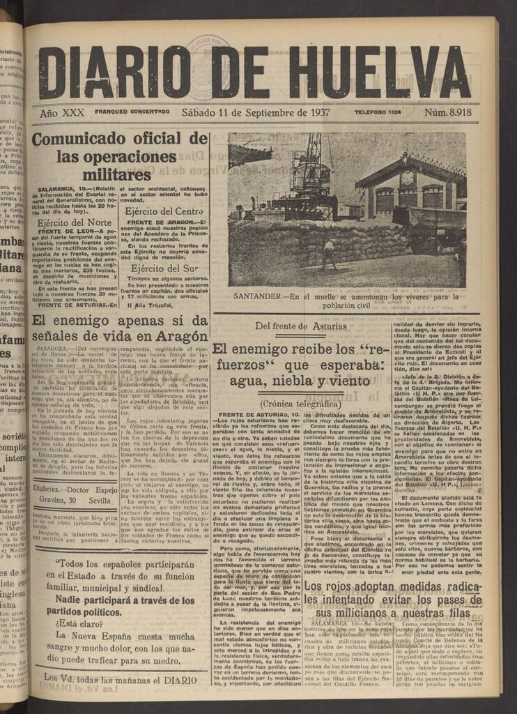 Miniatura de Diario de Huelva : periódico independiente del 11 de septiembre de 1937