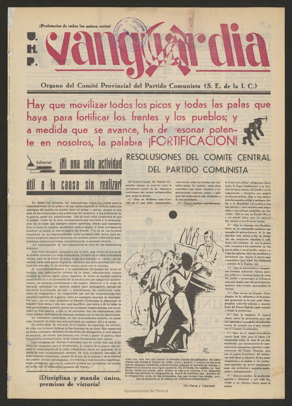 Miniatura de Vanguardia : órgano del Comité provincial del Partido Comunista (S.E. de la I.C.) : portavoz de los obreros y campesino de Málaga y su provincia del 3 de enero de 1937