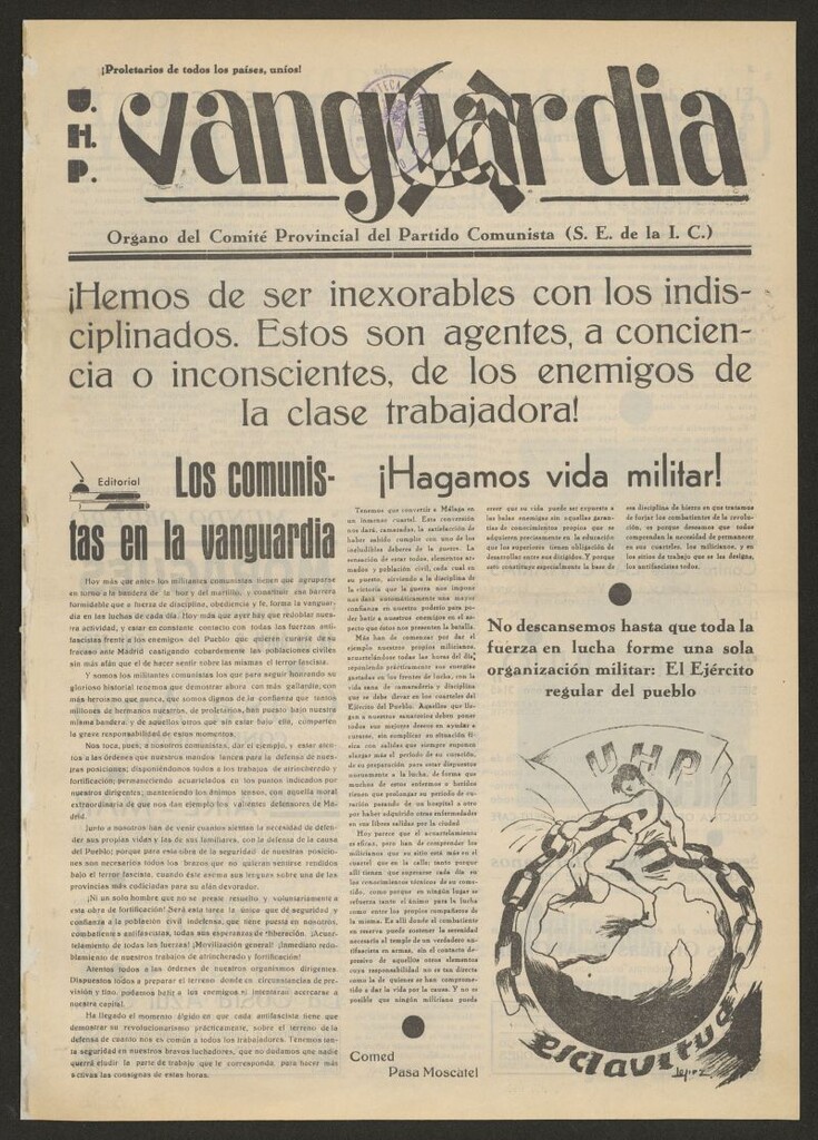 Miniatura de Vanguardia : órgano del Comité provincial del Partido Comunista (S.E. de la I.C.) : portavoz de los obreros y campesino de Málaga y su provincia 17 de enero de 1937