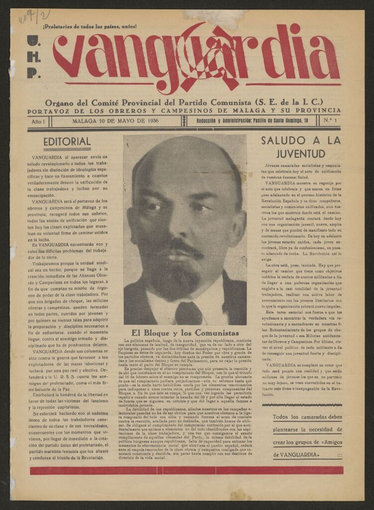 Miniatura de Vanguardia : órgano del Comité provincial del Partido Comunista (S.E. de la I.C.) : portavoz de los obreros y campesino de Málaga y su provincia del 10 de mayo de 1936