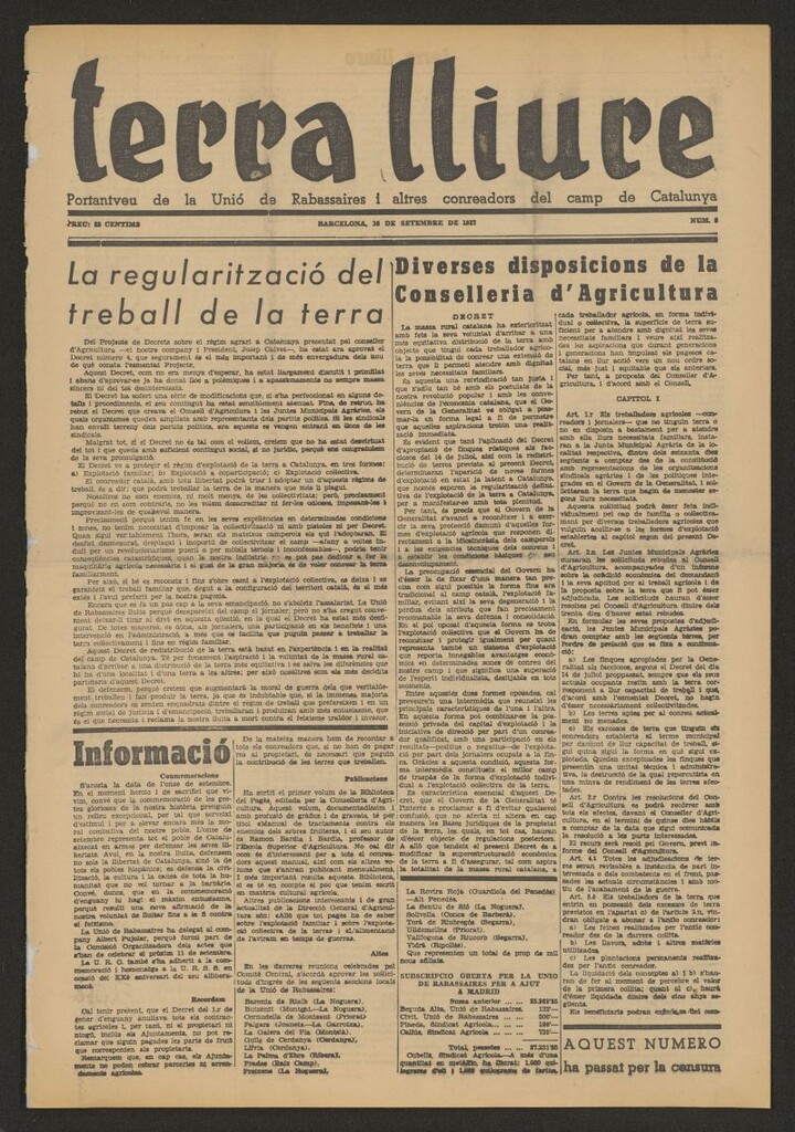 Miniatura de Terra Lliure : portantveu de la Unió de Rabassaires i altres conreadors del camp del 10 de setembre de 1937