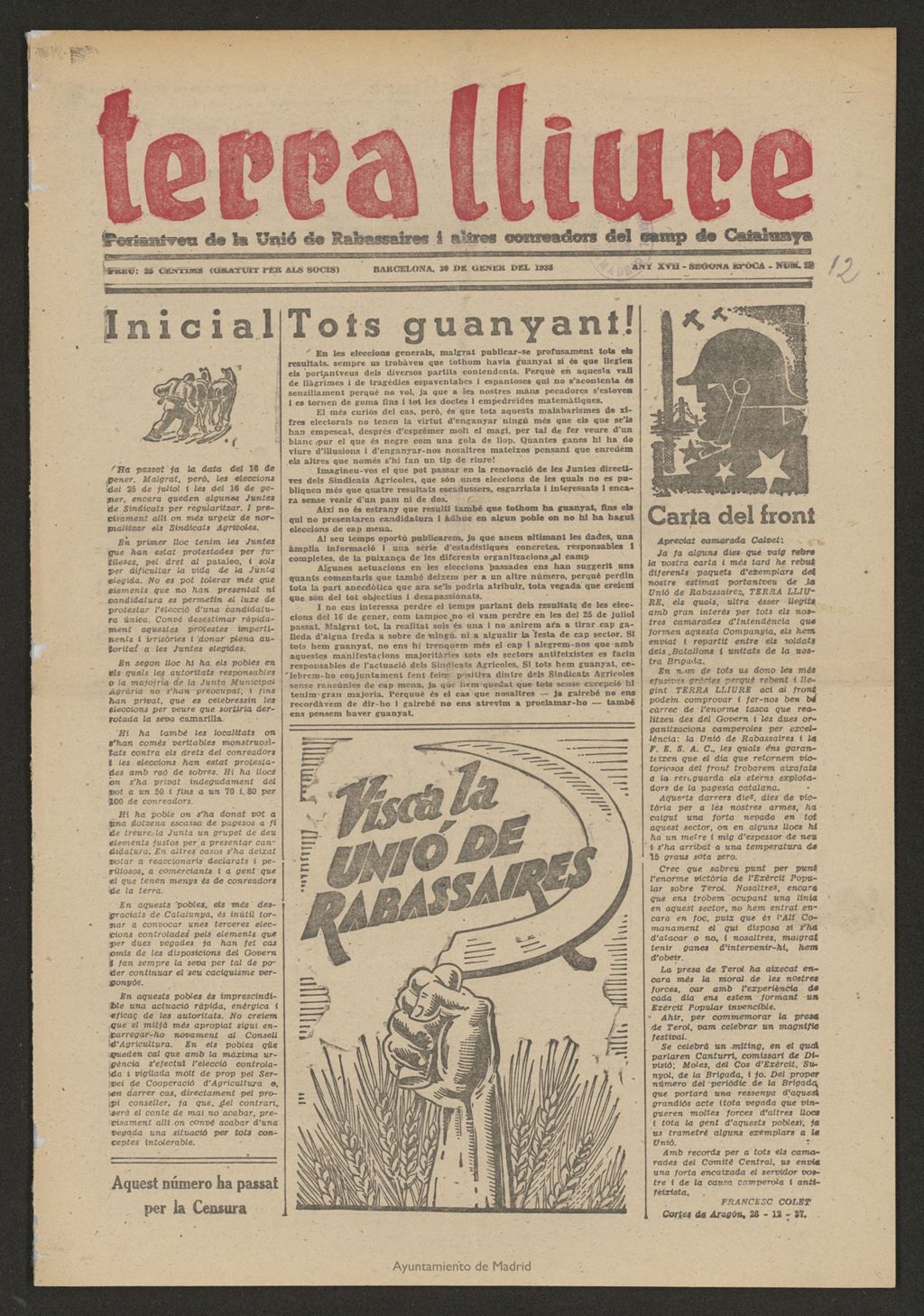 Miniatura de Terra Lliure : portantveu de la Unió de Rabassaires i altres conreadors del camp 30 de gener del 1938