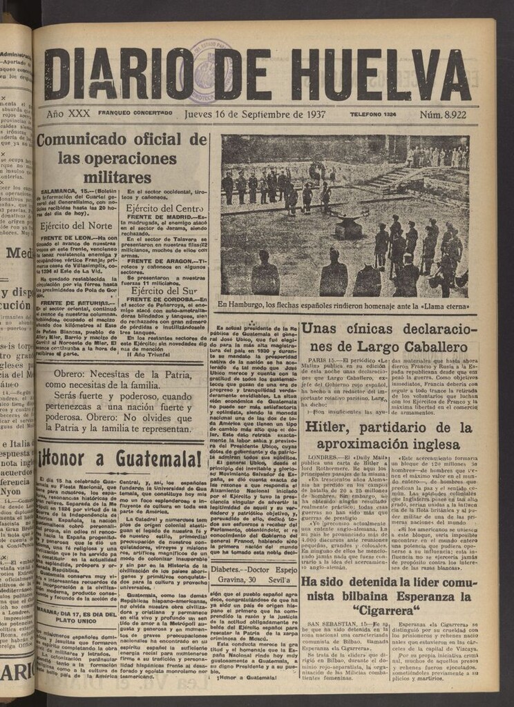 Miniatura de Diario de Huelva : periódico independiente del 16 de septiembre de 1937