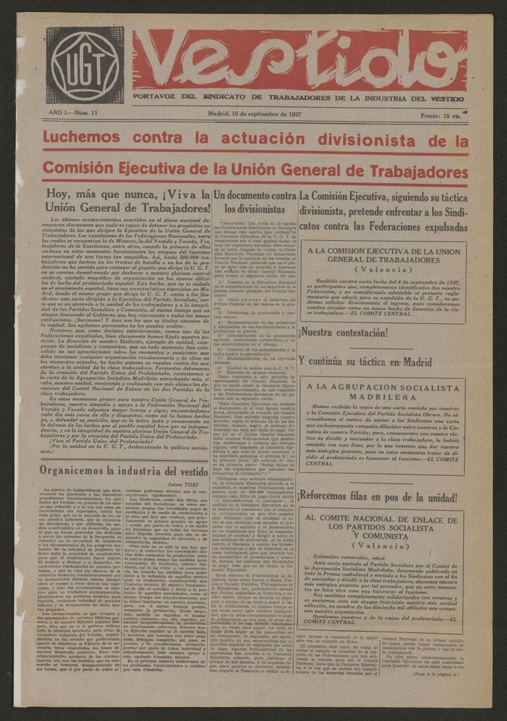 Miniatura de Vestido : portavoz del Sindicato de Trabajadores de la Industria del Vestido del 15 de septiembre de 1937