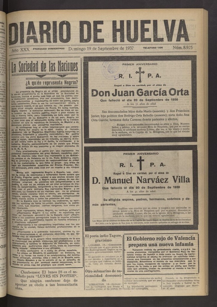 Miniatura de Diario de Huelva : periódico independiente del 19 de septiembre de 1937