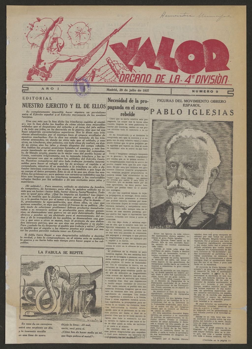 Miniatura de Valor : órgano de la 4ª División del 29 de julio de 1937