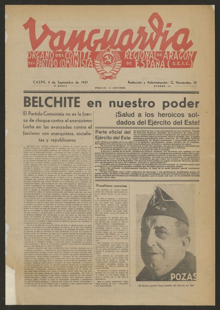 Miniatura de Vanguardia : órgano del Comité del Partido Comunista Regional de Aragón de España (S.E.I.C.) del 4 de septiembre de 1937