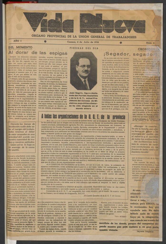 Miniatura de Vida Nueva : órgano provincial de la Unión General de Trabajadores del 8 de julio de 1938