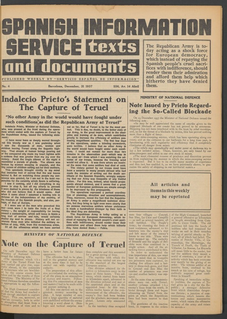 Miniatura de Spanish Information Service :texts and documents. December, 31 1937