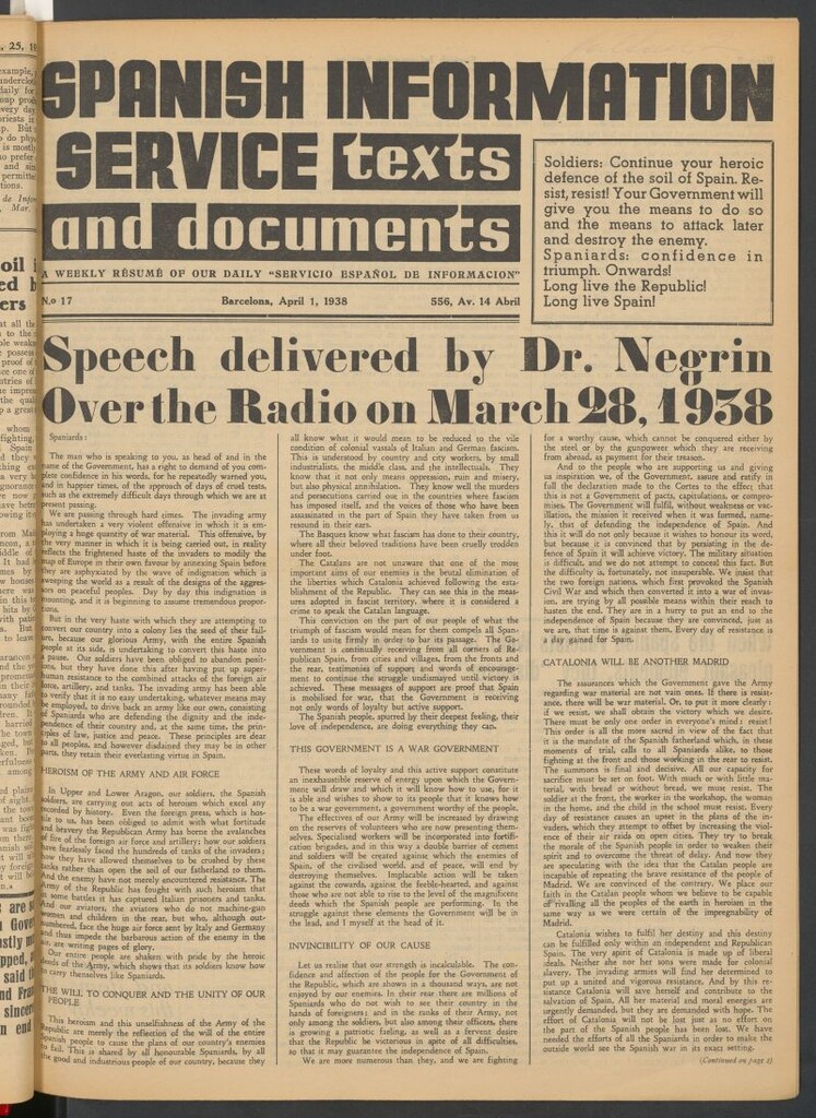 Miniatura de Spanish Information Service :texts and documents. April 1, 1938