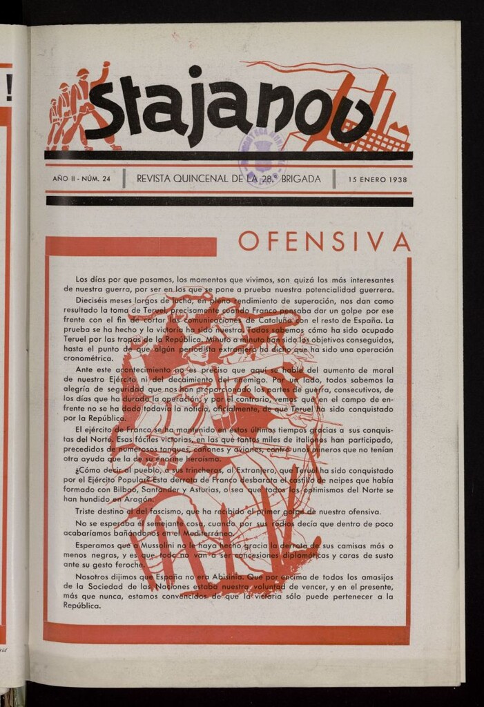 Miniatura de Stajanov : semanario de la 28 Brigada del 15 de enero de 1938