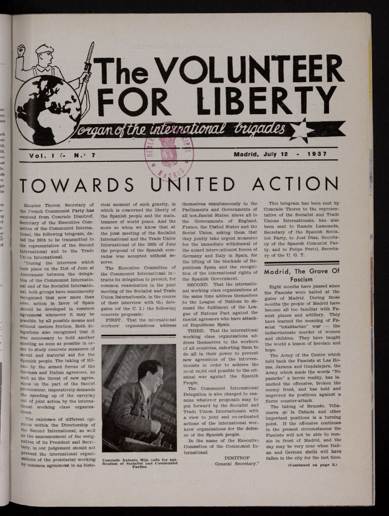 Miniatura de The Volunteer for Liberty : Organ of the International Brigades. July 12, 1937