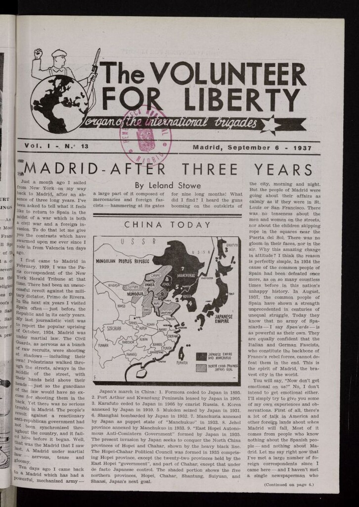 Miniatura de The Volunteer for Liberty : Organ of the International Brigades. September 6, 1937
