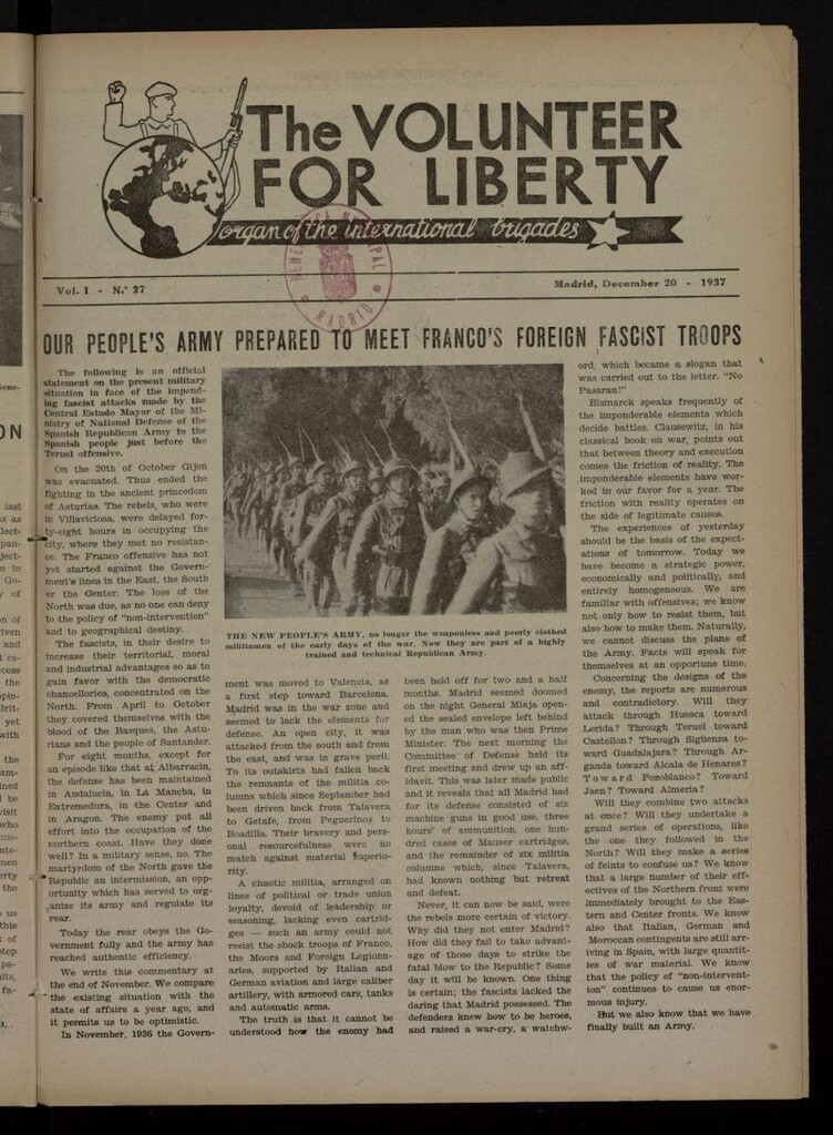 Miniatura de The Volunteer for Liberty : Organ of the International Brigades. December 20, 1937