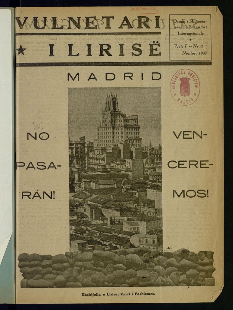 Miniatura de Vulnetari Ilirise : Organ i Shgipatareve ne Brigadet Internacionale. Néntor, 1937