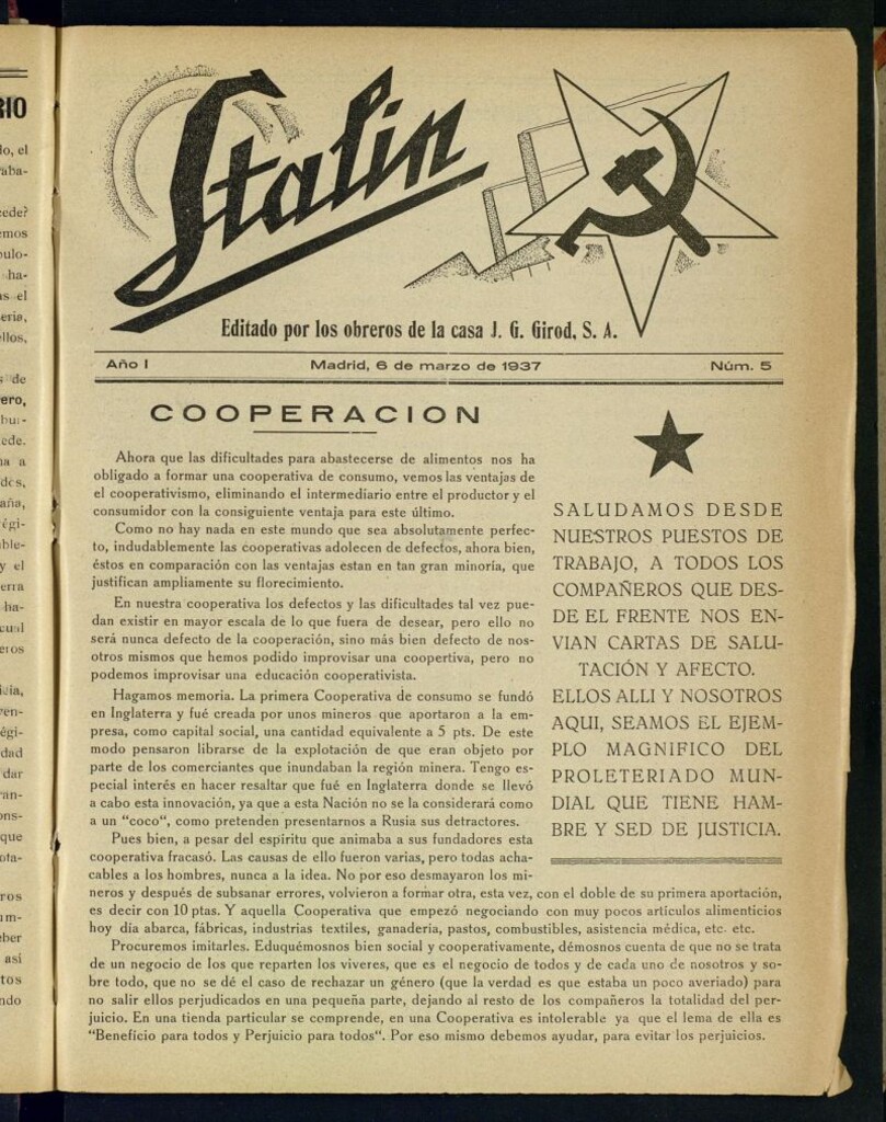 Miniatura de Stalin : editado por los obreros de la casa J.G. Girod del 6 de marzo de 1937