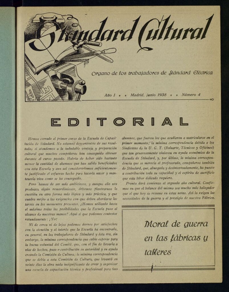 Miniatura de Standard cultural : Órgano de los trabajadores de Standard Eléctrica de junio de 1938