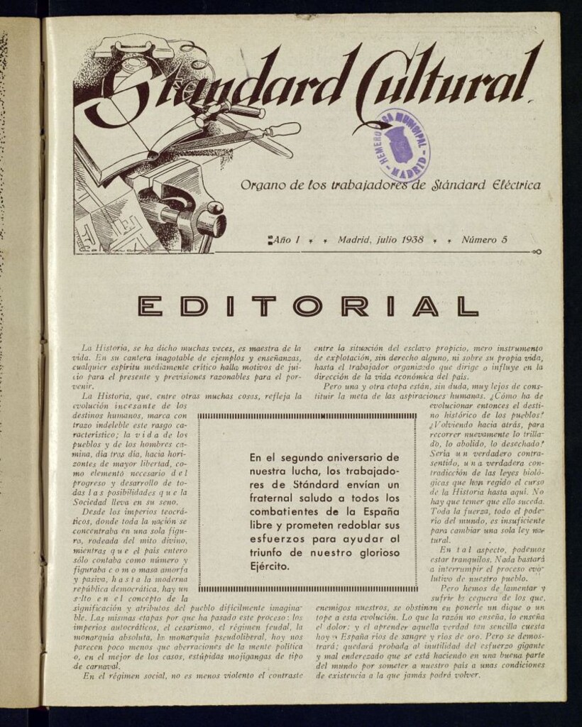 Miniatura de Standard cultural : Órgano de los trabajadores de Standard Eléctrica de julio de 1938
