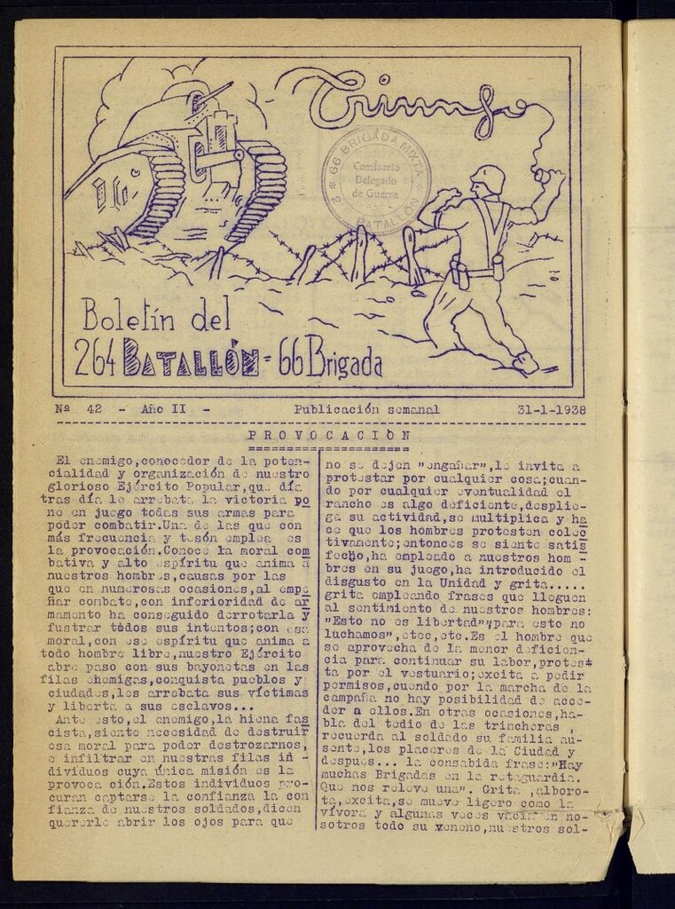 Miniatura de Triunfo : boletín del 264 Batallón, 66 Brigada del 31 de enero de 1938