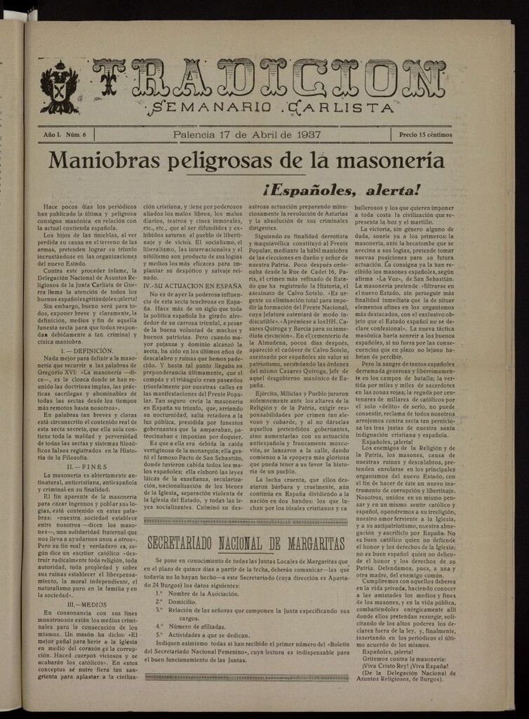 Miniatura de Tradición : semanario carlista del 17 de abril de 1937