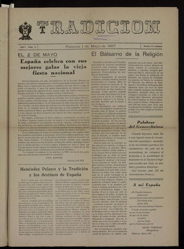 Miniatura de Tradición : semanario carlista del 1 de mayo de 1937