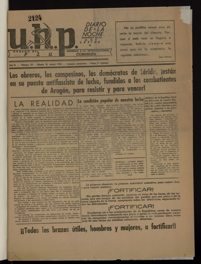 Miniatura de U.H.P : órgano del P.S.U del 26 de marzo de 1938