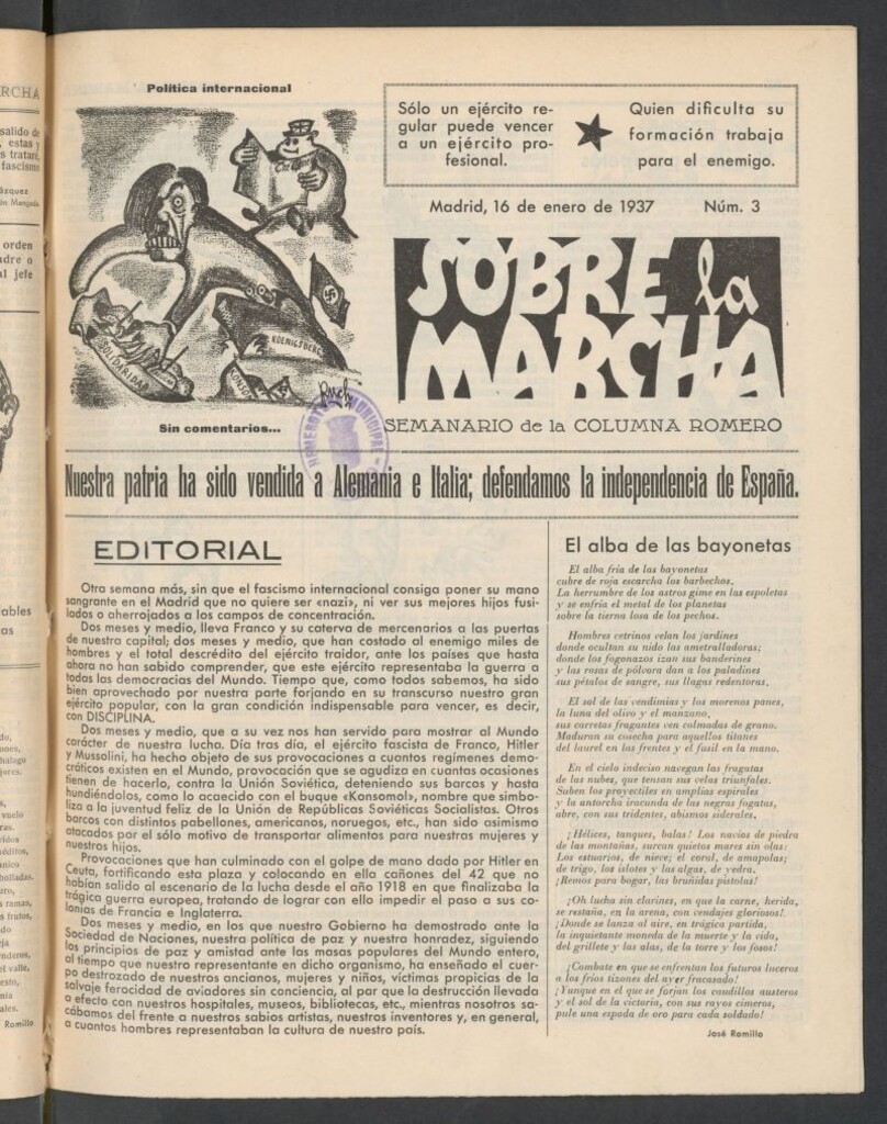 Miniatura de Sobre la marcha : semanario de la Columna Romero del 16 de enero de 1937